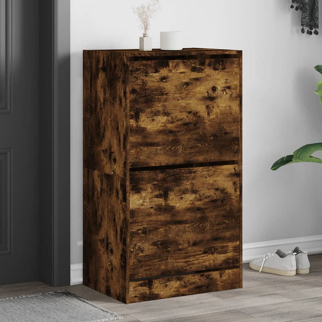 skoskab med 2 vippeskuffer 60x42x108 cm røget egetræsfarve