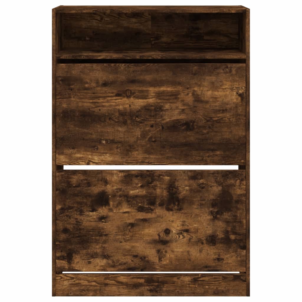 skoskab med 2 vippeskuffer 80x34x116 cm røget egetræsfarve