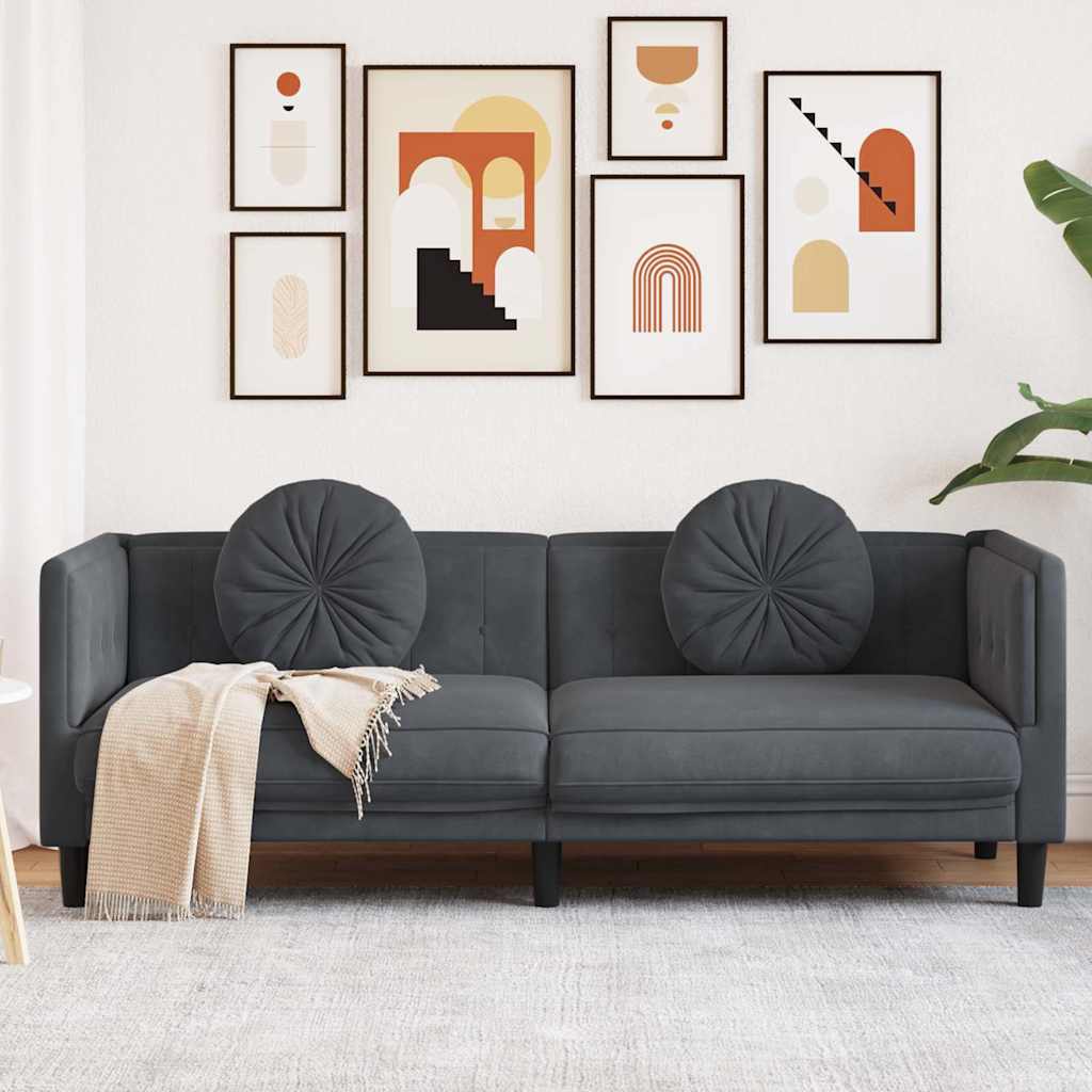 3-personers sofa i velour med hynder - mørkegrå