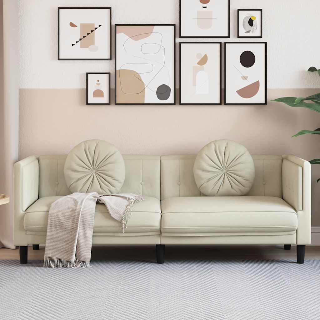 3-personers sofa med hynder velour cremefarvet