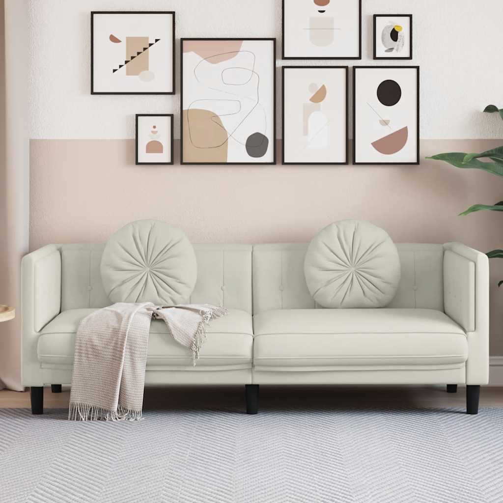 3-personers sofa med hynder velour cremefarvet