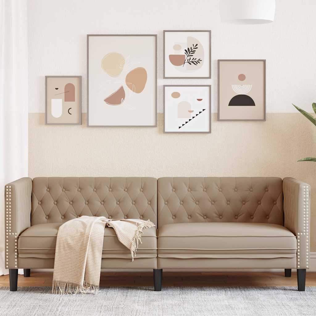 3-personers Chesterfield-sofa kunstlder cappuccinofarvet