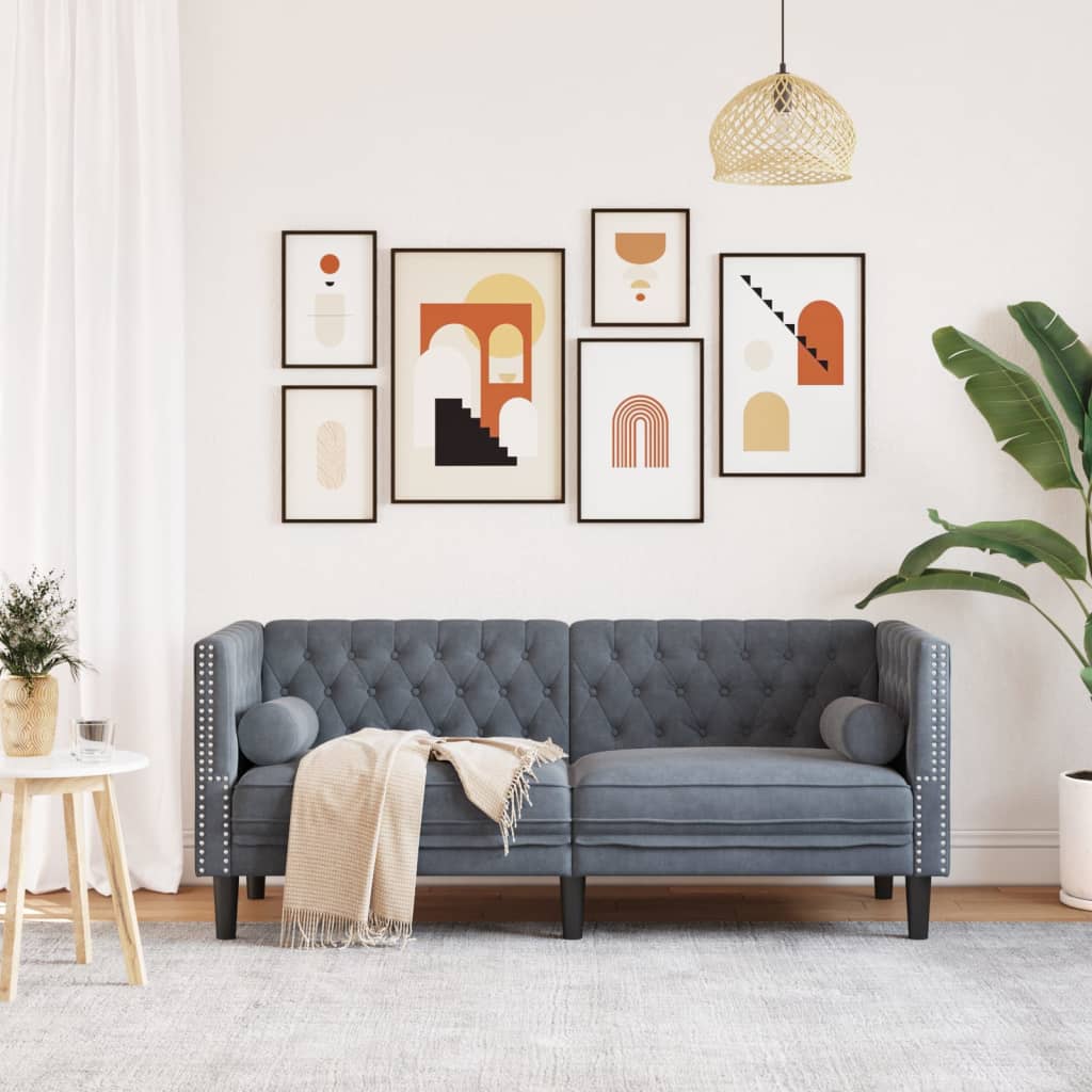 2-personers Chesterfield-sofa med bolsterpuder fløjl mørkegrå