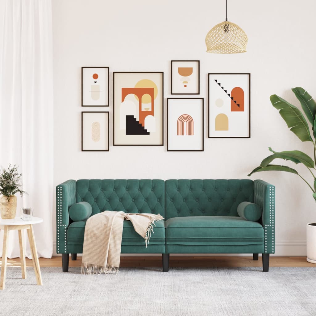 2-personers Chesterfield-sofa med bolsterpuder fløjl mørkegrøn