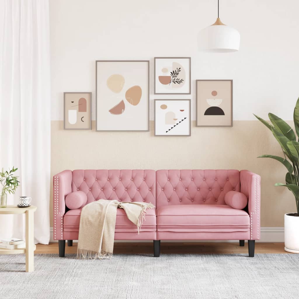 2-personers Chesterfield-sofa med bolsterpuder fløjl pink