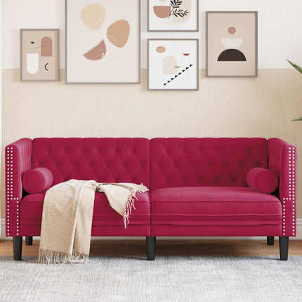 2-personers Chesterfield-sofa med bolsterpuder fløjl vinrød