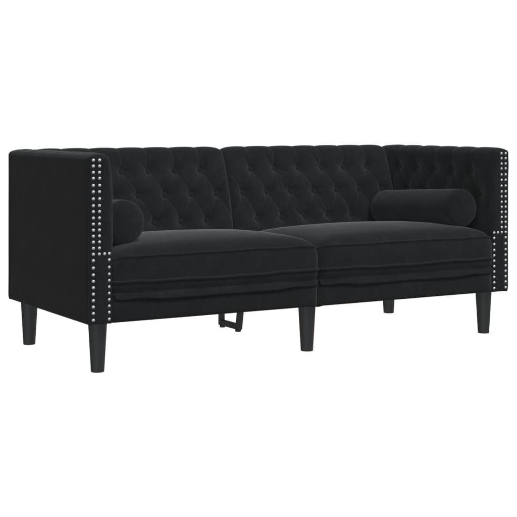 2-personers Chesterfield-sofa med bolsterpuder fløjl sort