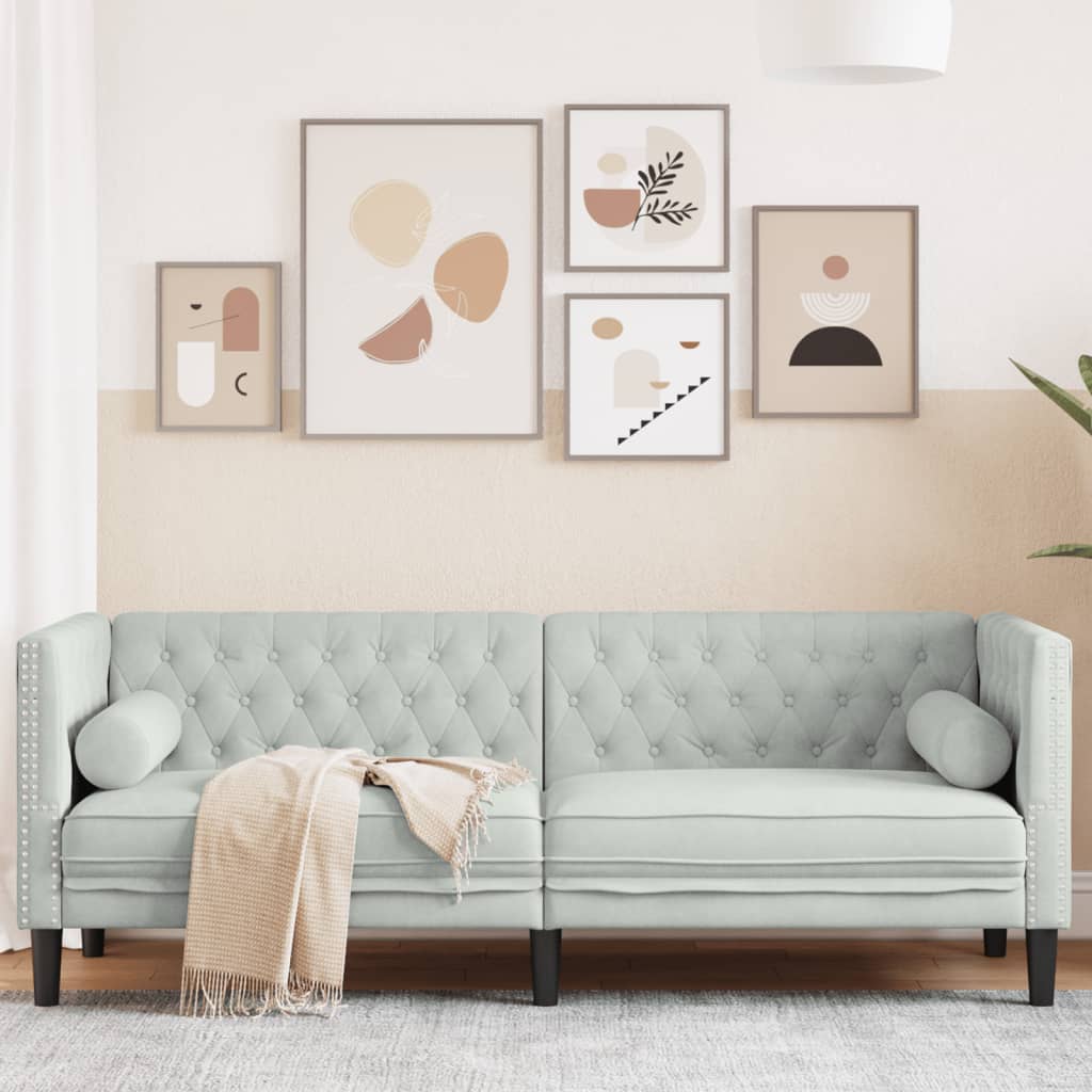 2-Personers Chesterfield-Sofa Med Bolsterpuder Fløjl - Lysegrå / 3-sædet