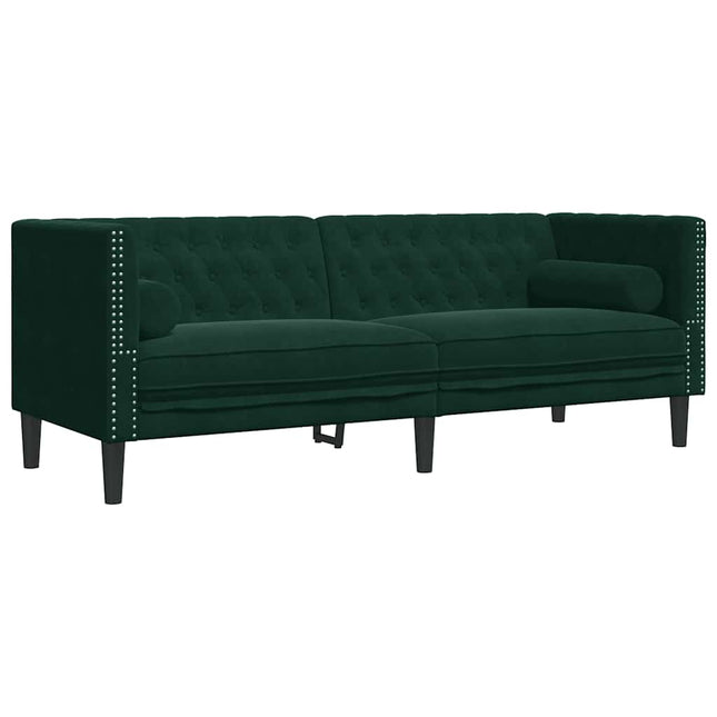 3-personers Chesterfield-sofa med bolsterpuder fløjl mørkegrøn