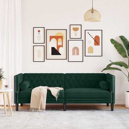 3-personers Chesterfield-sofa med bolsterpuder fløjl mørkegrøn