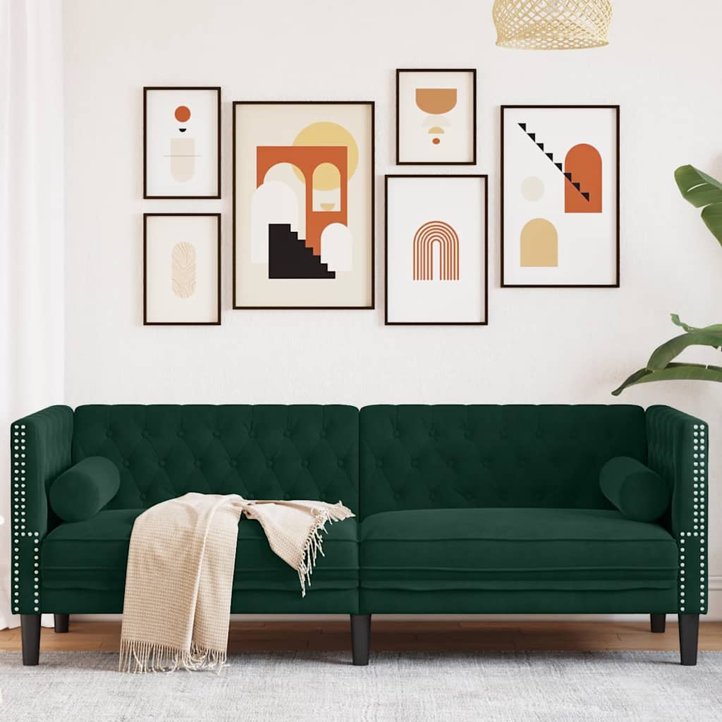 2-Personers Chesterfield-Sofa Med Bolsterpuder Fløjl - Mørkegrøn / 3-sædet