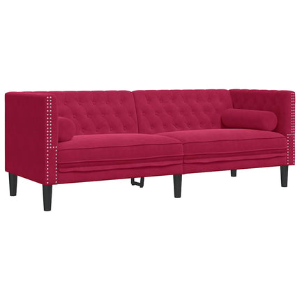 3-personers Chesterfield-sofa med bolsterpuder fløjl vinrød
