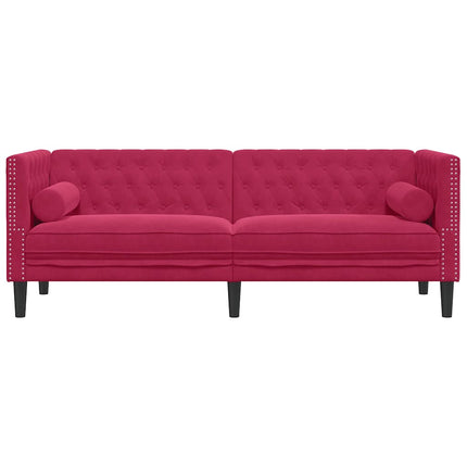 3-personers Chesterfield-sofa med bolsterpuder fløjl vinrød