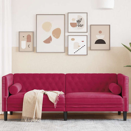3-personers Chesterfield-sofa med bolsterpuder fløjl vinrød