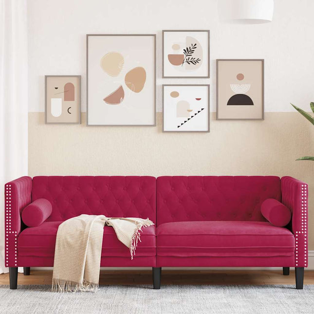 3-personers Chesterfield-sofa med bolsterpuder fløjl vinrød
