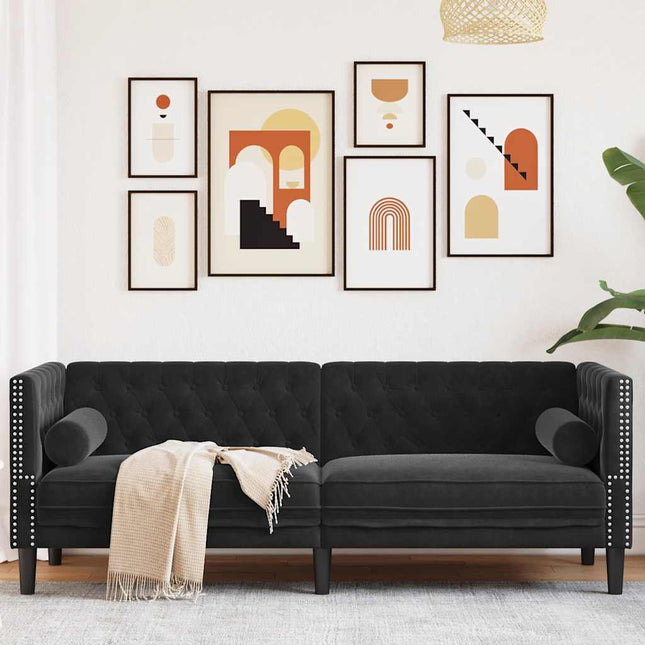 3-personers Chesterfield-sofa med bolsterpuder fløjl sort