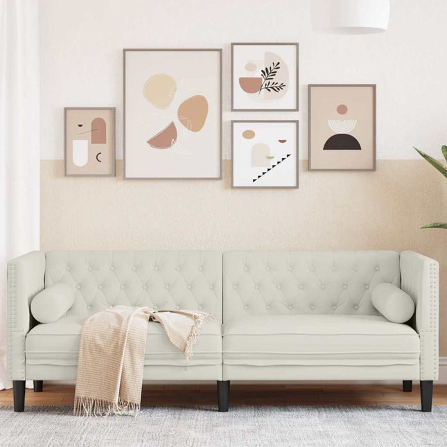 3-personers Chesterfield-sofa m. bolsterpuder fløjl cremefarvet