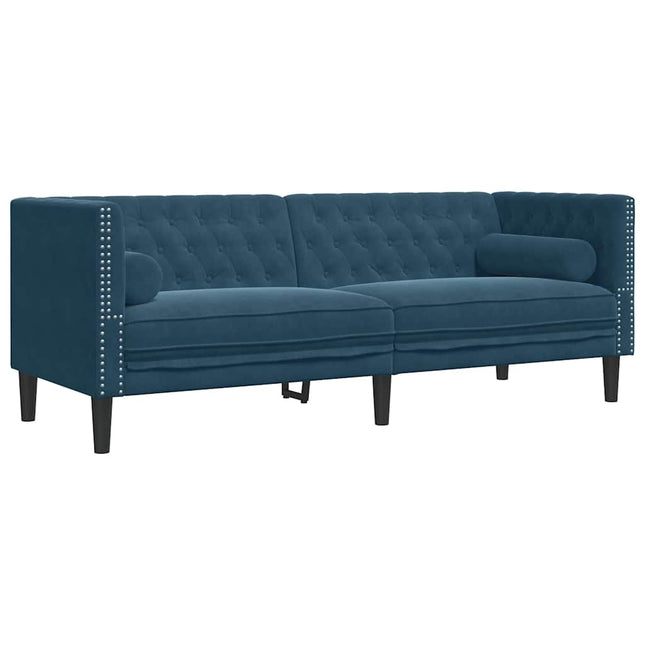 3-personers Chesterfield-sofa med bolsterpuder fløjl blå