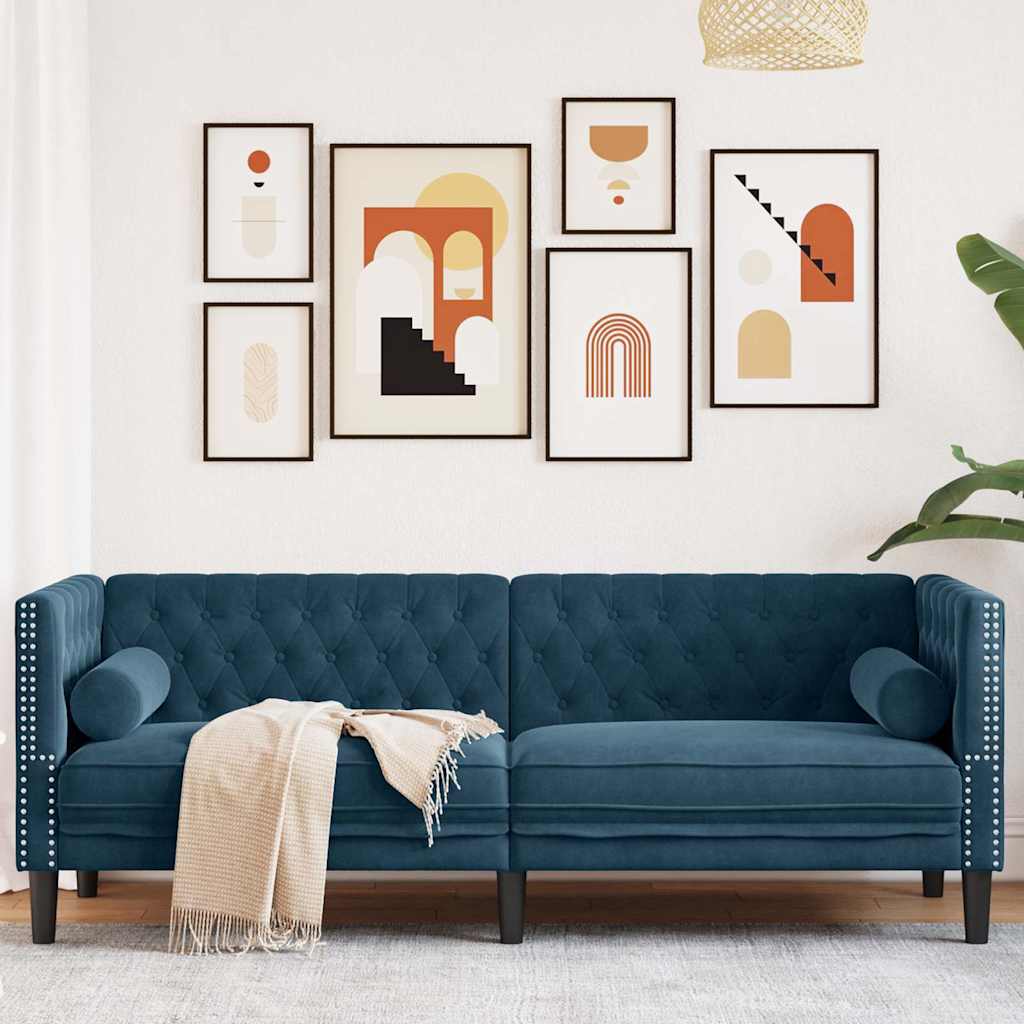 2-Personers Chesterfield-Sofa Med Bolsterpuder Fløjl - Blå / 3-sædet