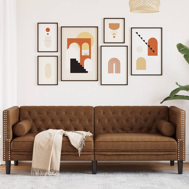 3-personers Chesterfield-sofa med puder imiteret ruskind brun