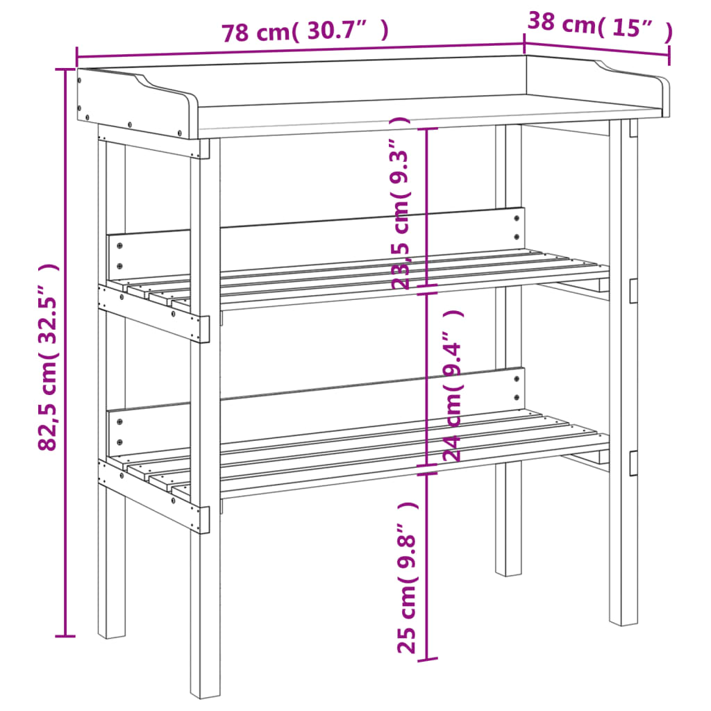 plantebord med hylder 78x38x82,5 cm massivt grantræ