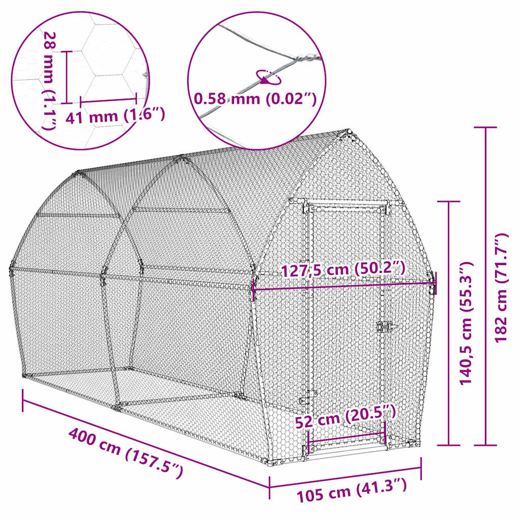 hønsehus 400x105x182 cm galvaniseret stål sølvfarvet
