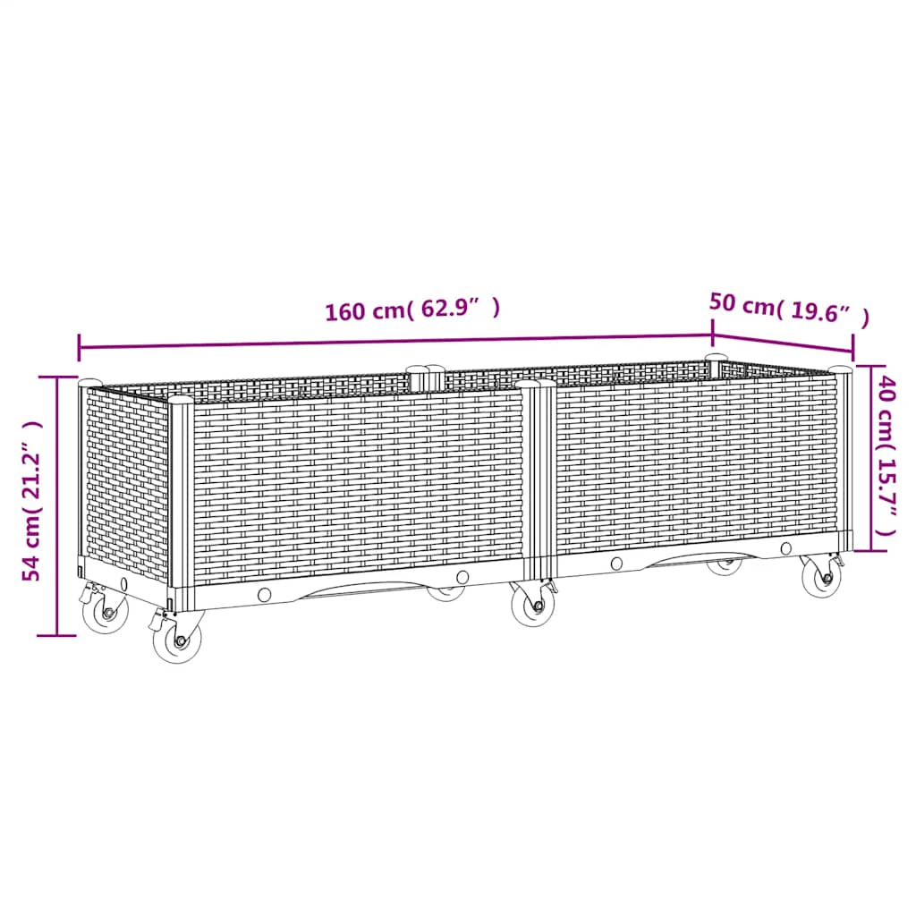 plantekasse med hjul 160x50x54 cm PP blågrå