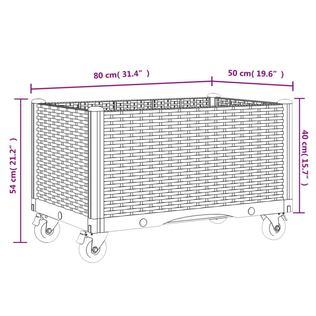 plantekasse med hjul 80x50x54 cm PP brun