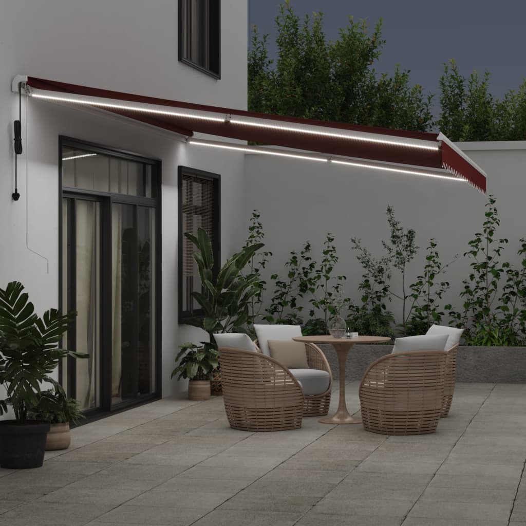 markise med LED-lys 500x350 cm automatisk betjening bordeaux