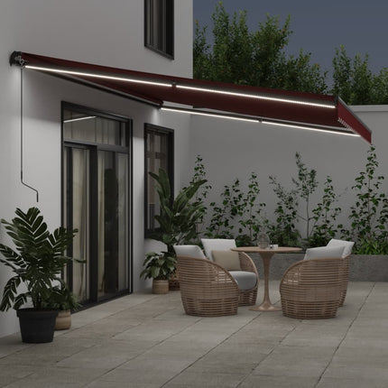 markise med LED-lys 500x350 cm manuel betjening bordeauxfarvet