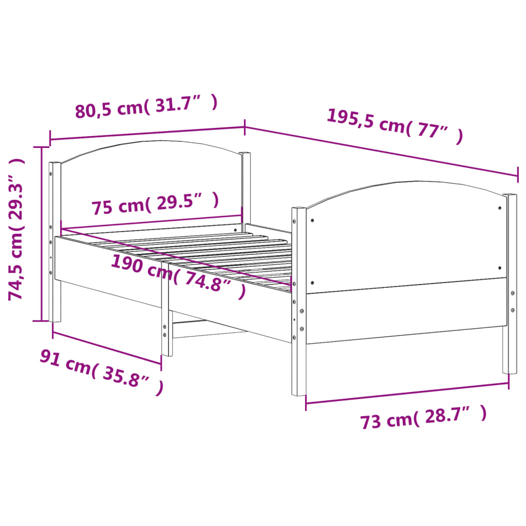 sengeramme uden madras 75x190 cm massivt fyrretræ gyldenbrun