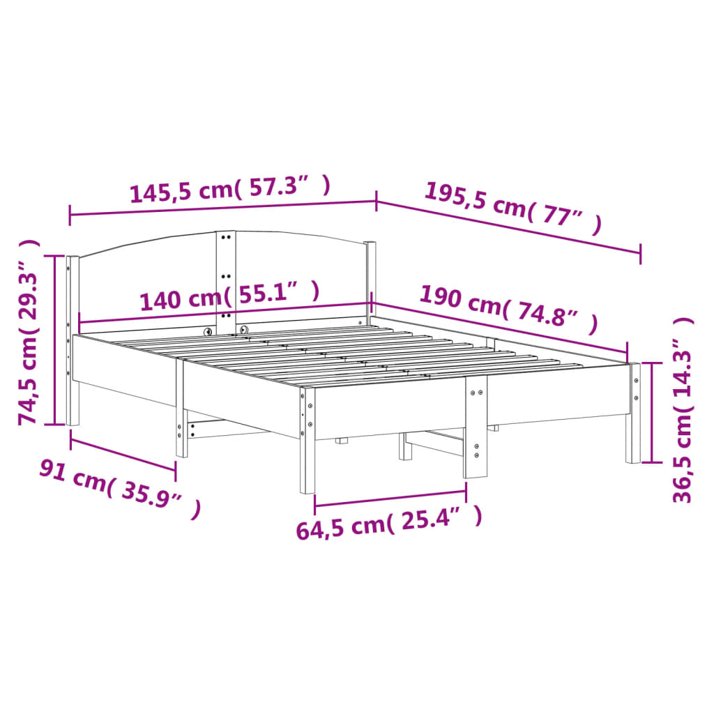 sengeramme uden madras 140x190 cm massivt fyrretræ