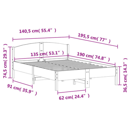 sengeramme uden madras 135x190 cm massivt fyrretræ hvid