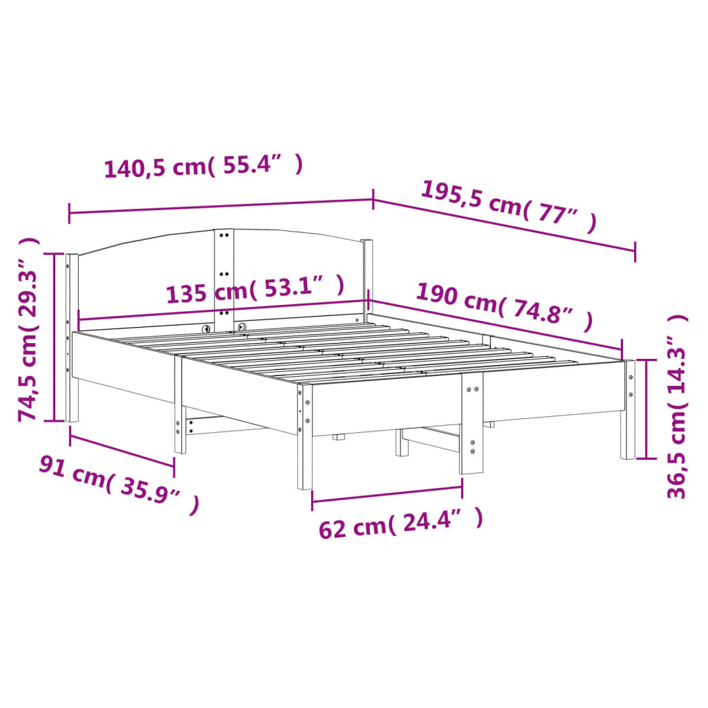 sengeramme uden madras 135x190 cm massivt fyrretræ brun
