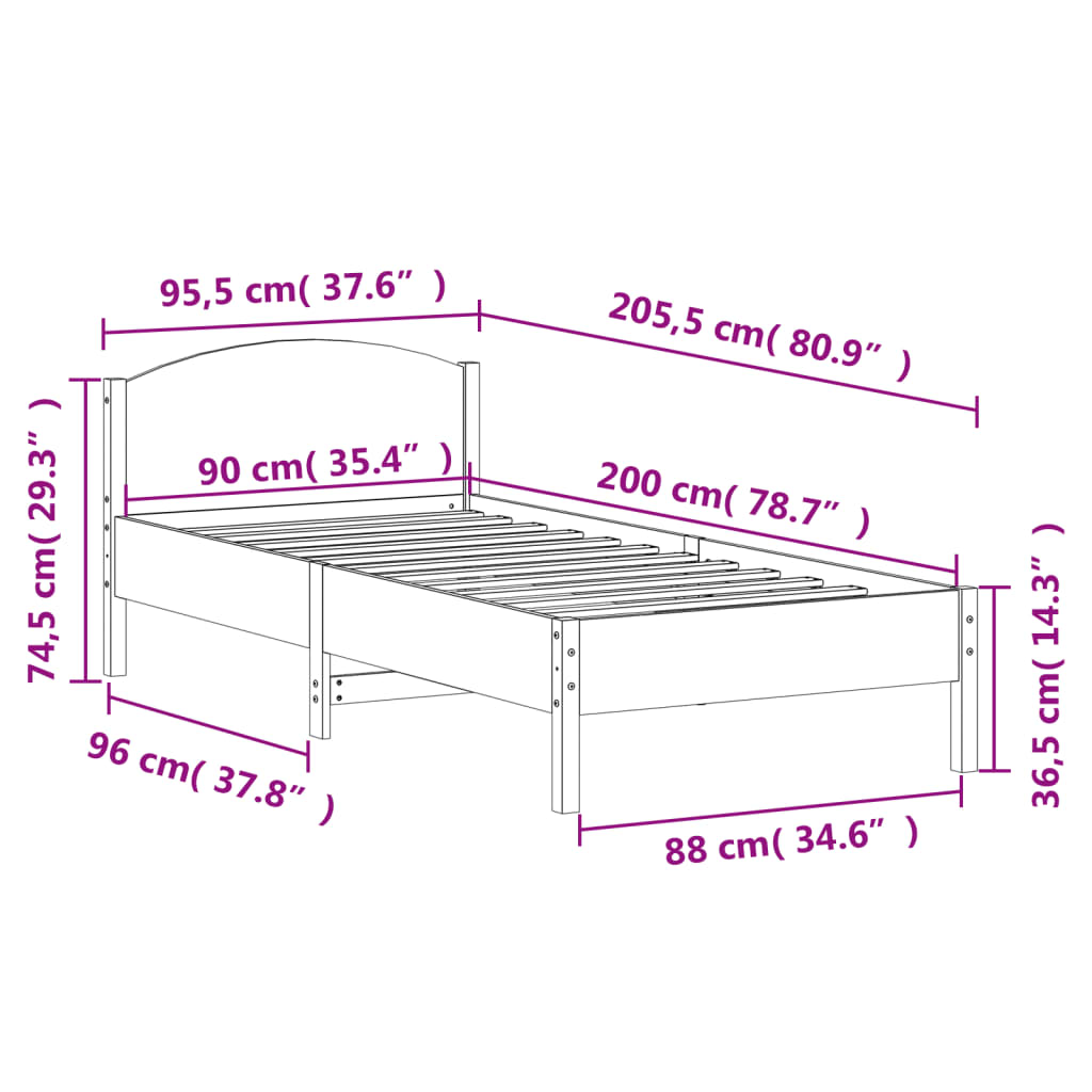 sengeramme uden madras 90x200 cm massivt fyrretræ hvid