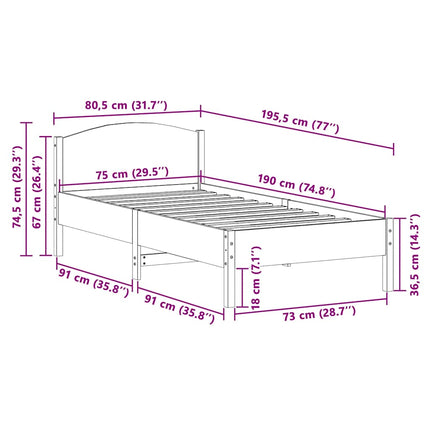 sengeramme uden madras 75x190 cm massivt fyrretræ hvid