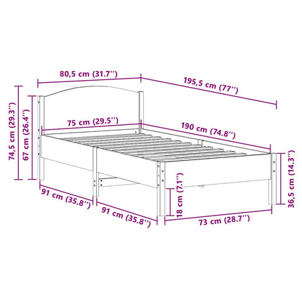 sengeramme uden madras 75x190 cm massivt fyrretræ gyldenbrun
