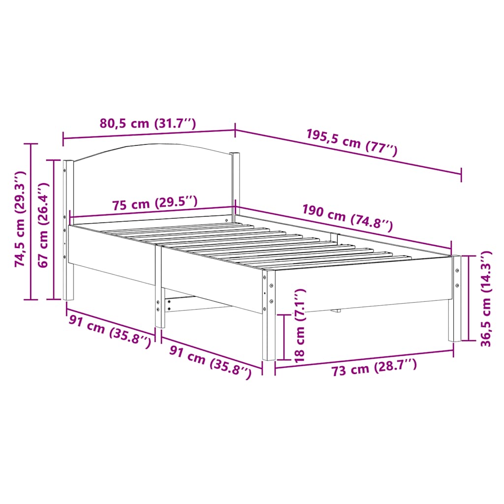 sengeramme uden madras 75x190 cm massivt fyrretræ gyldenbrun
