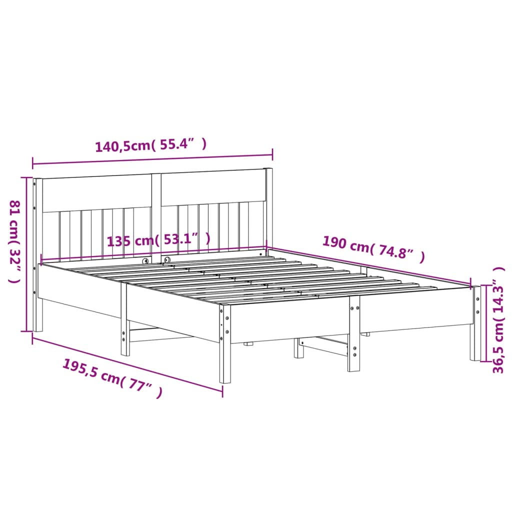 sengeramme uden madras 135x190 cm massivt fyrretræ hvid