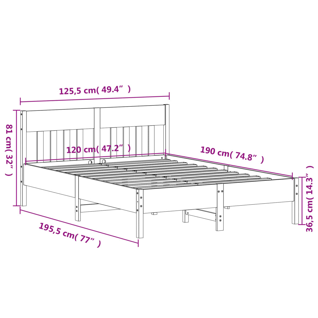 sengeramme uden madras 120x190 cm massivt fyrretræ hvid