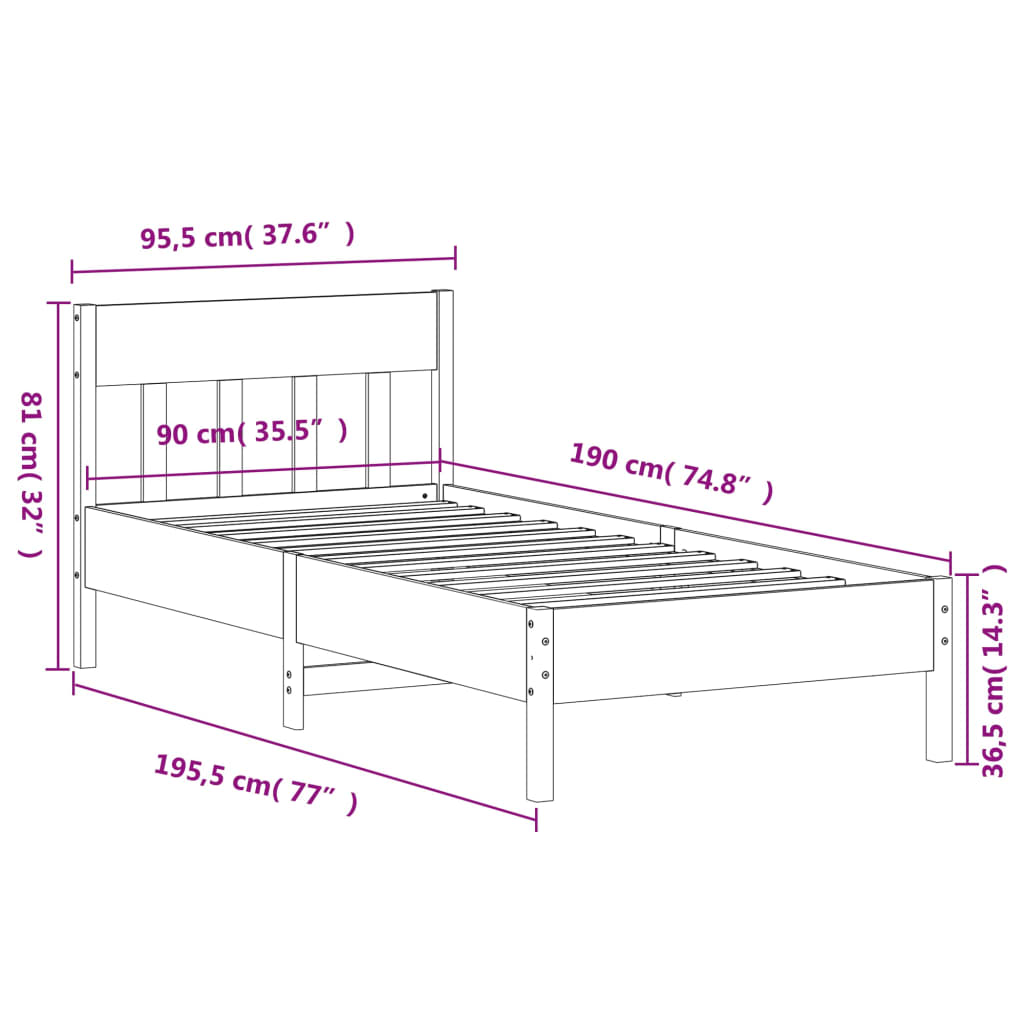 sengeramme uden madras 90x190 cm massivt fyrretræ