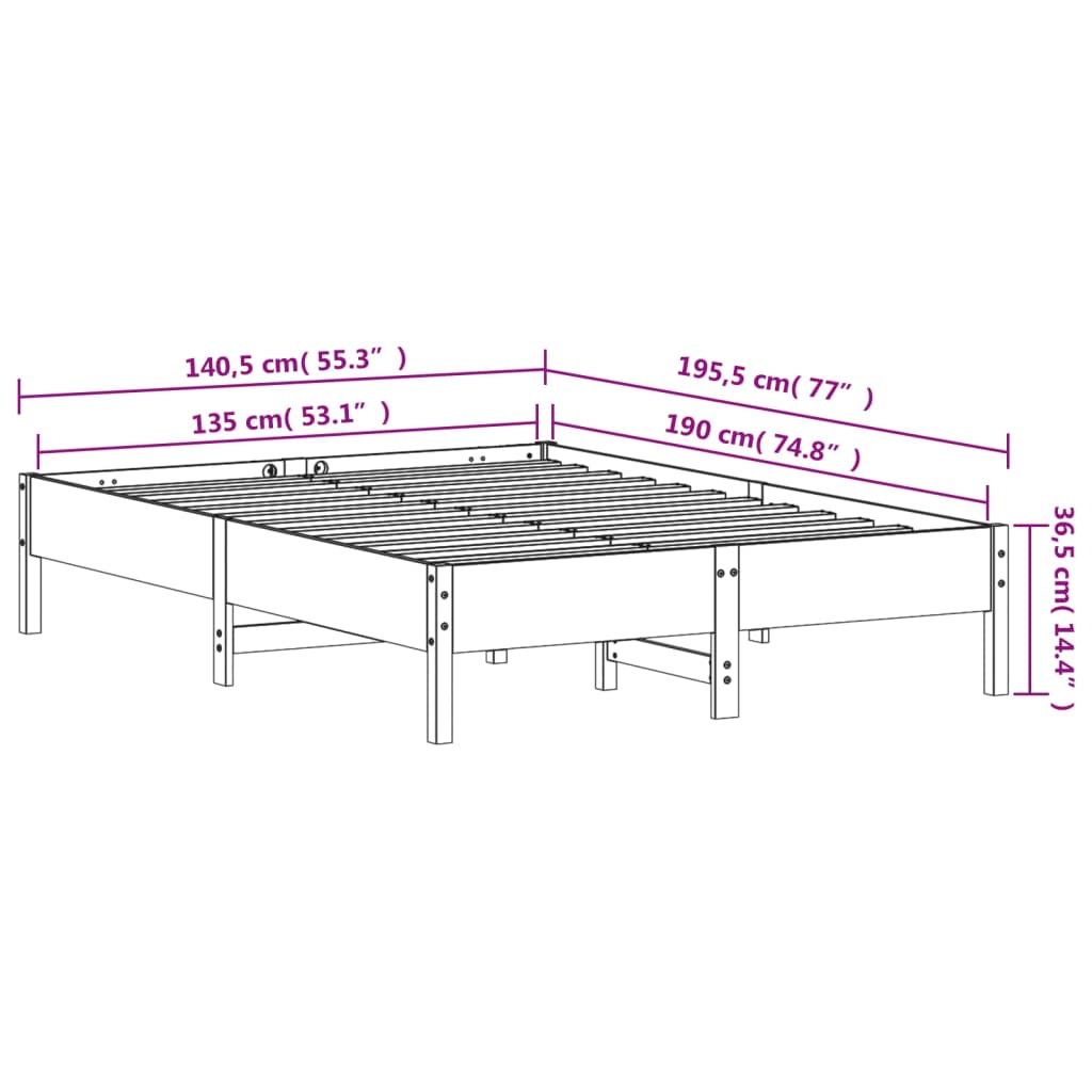 sengeramme uden madras 135x190 cm massivt fyrretræ hvid