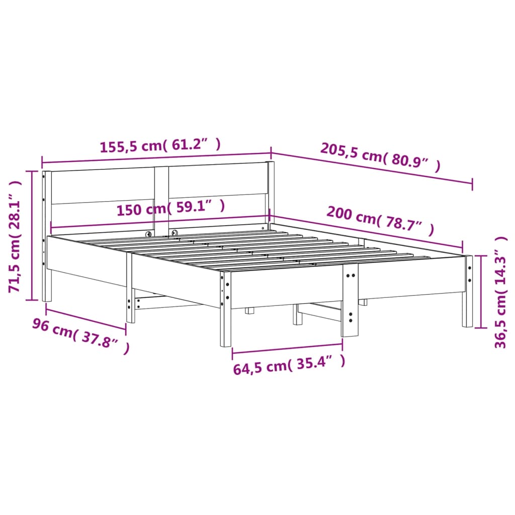 sengeramme uden madras 150x200 cm massivt fyrretræ