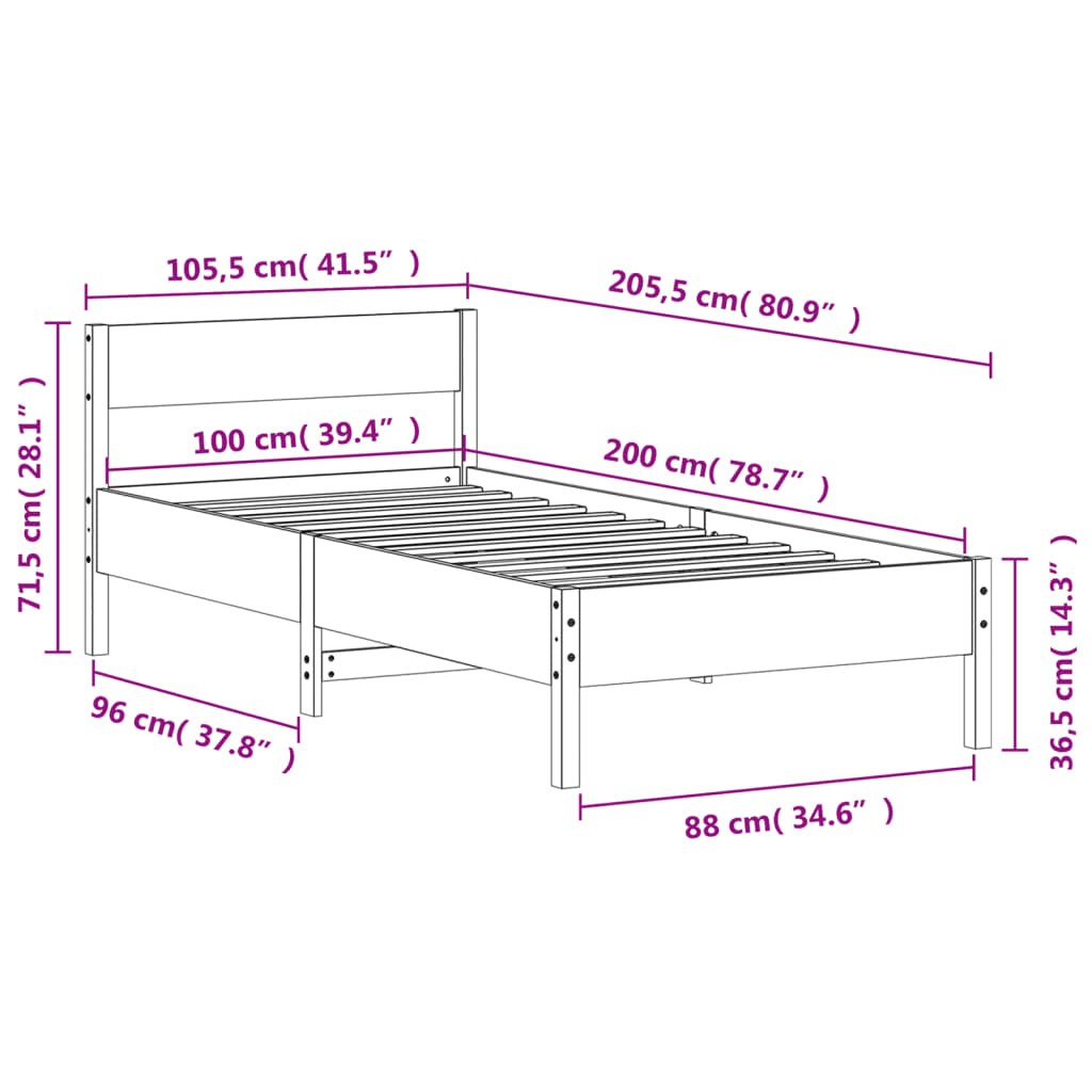 sengeramme uden madras 100x200 cm massivt fyrretræ hvid