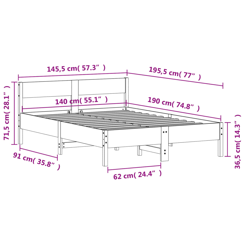 sengeramme uden madras 140x190 cm massivt fyrretræ hvid