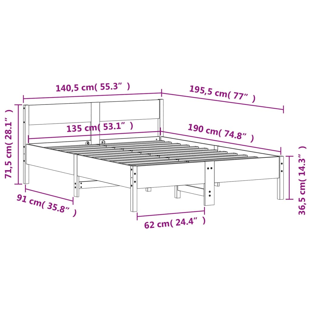 sengeramme uden madras 135x190 cm massivt fyrretræ hvid