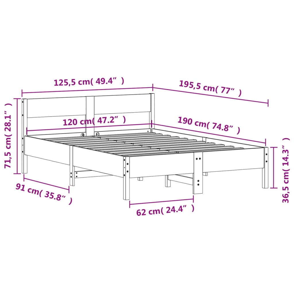 sengeramme uden madras 120x190 cm massivt fyrretræ hvid
