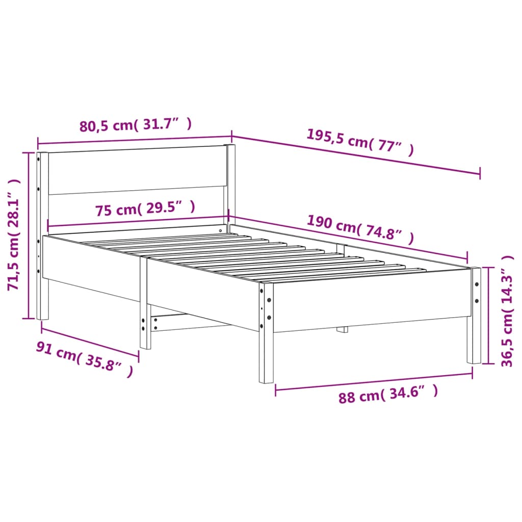 sengeramme uden madras 75x190 cm massivt fyrretræ