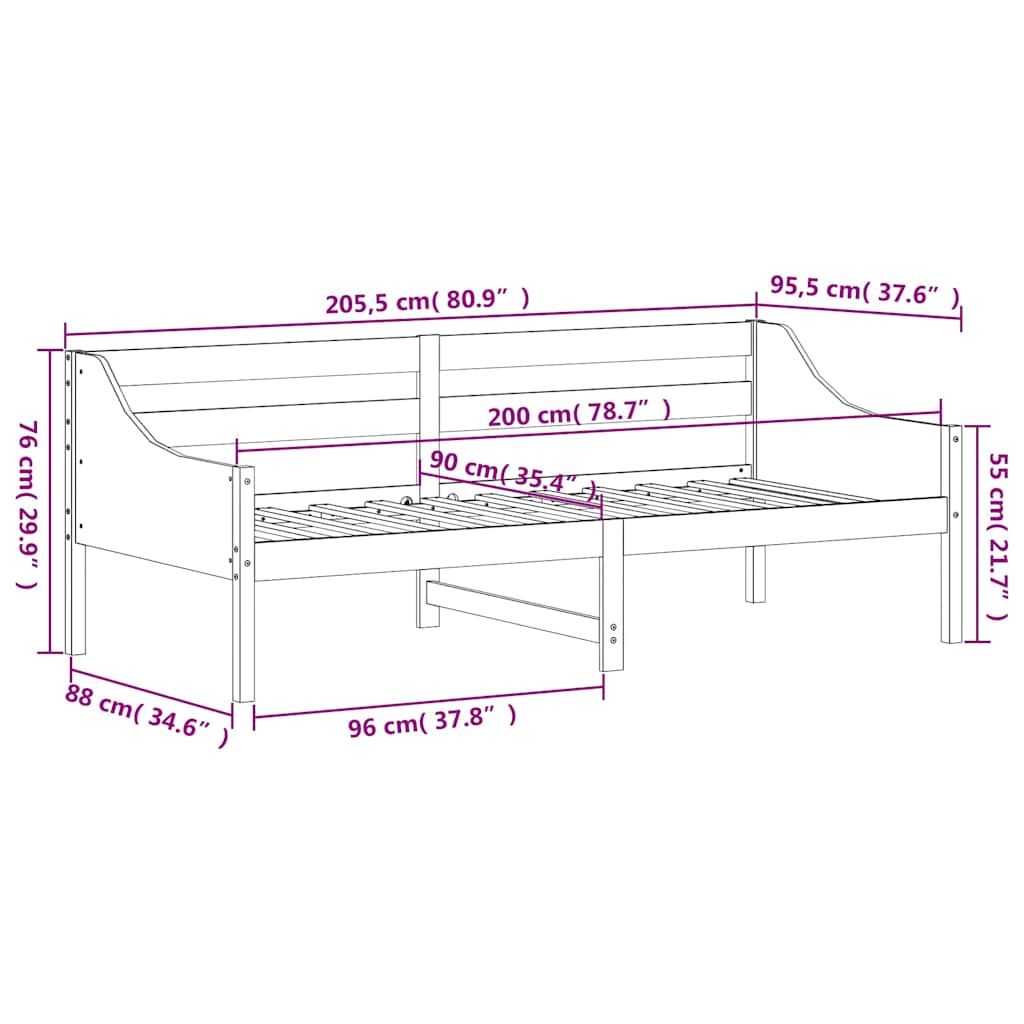 daybed uden madras 90x200 cm massivt fyrretræ hvid