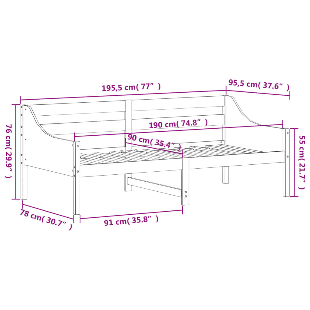 daybed uden madras 90x190 cm massivt fyrretræ gyldenbrun